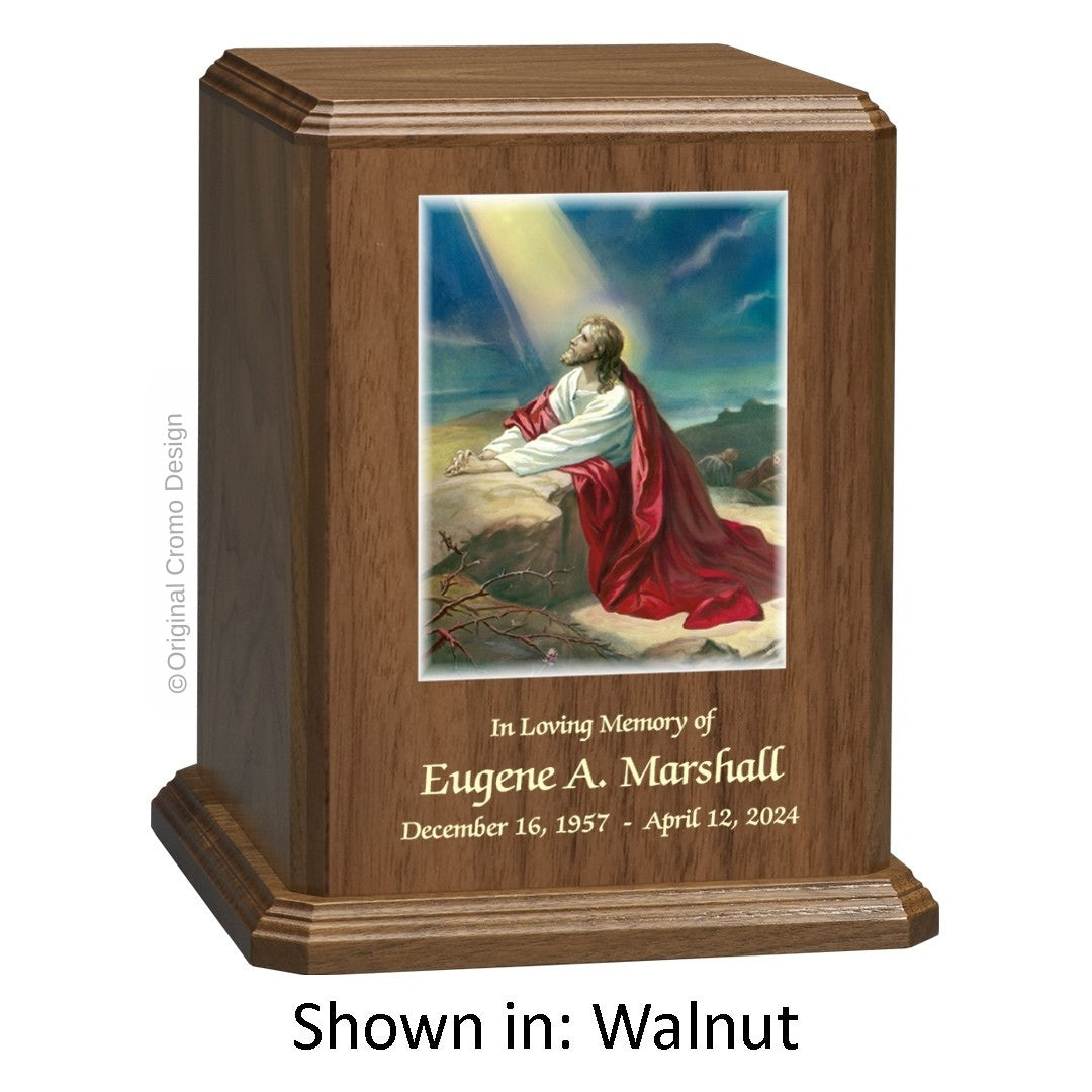 Catholic cremation urn with Our Lady of Lourdes  Wood finish by Cromo NB