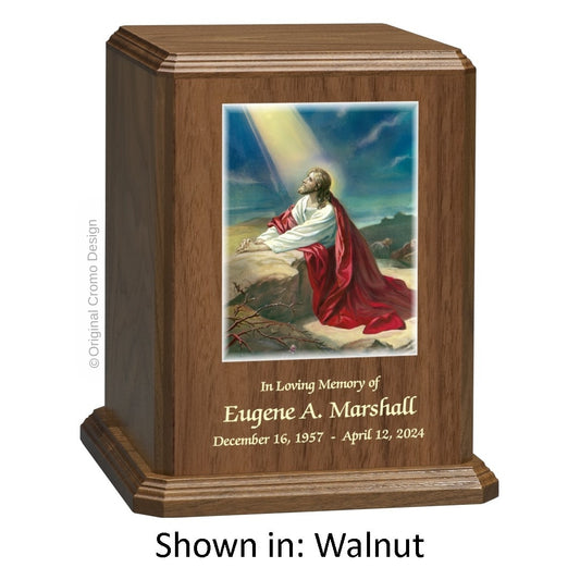 Catholic cremation urn with Our Lady of Lourdes  Wood finish by Cromo NB