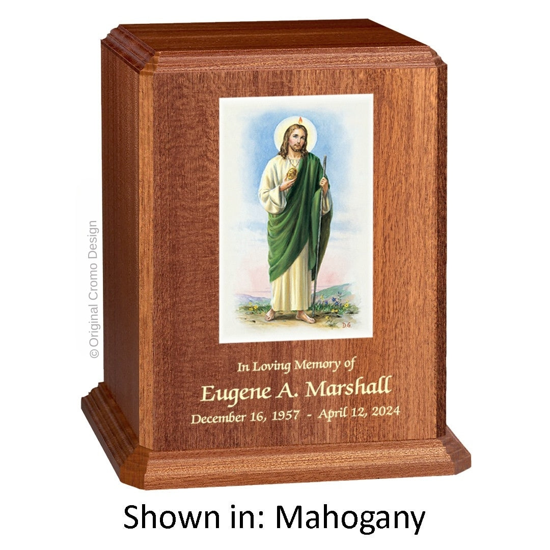 Catholic cremation urn with Jesus Shepherd  Wood finish by Cromo NB