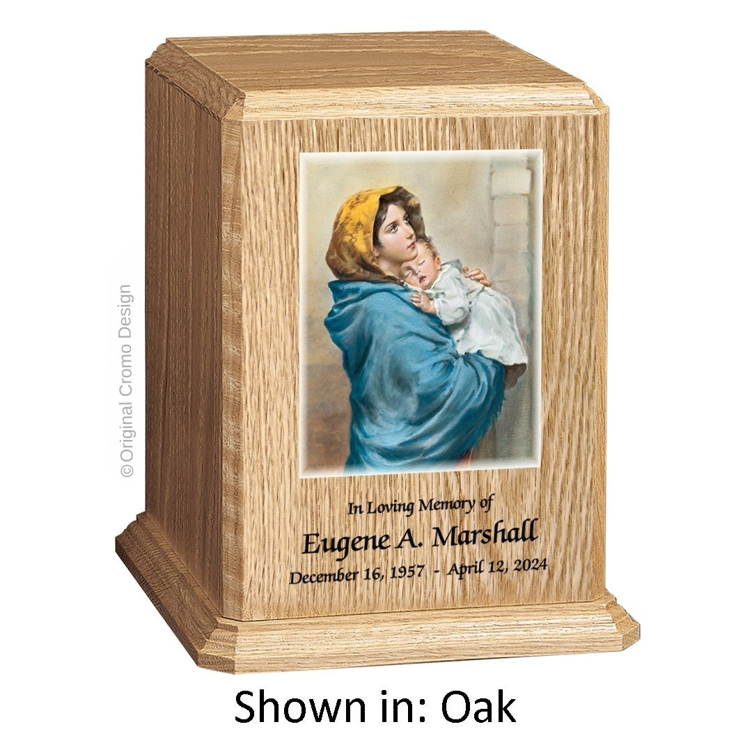Catholic cremation urn with Jesus Shepherd  Wood finish by Cromo NB