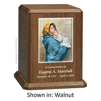 Catholic cremation urn with Pieta Michelangelo  Wood finish by Cromo NB