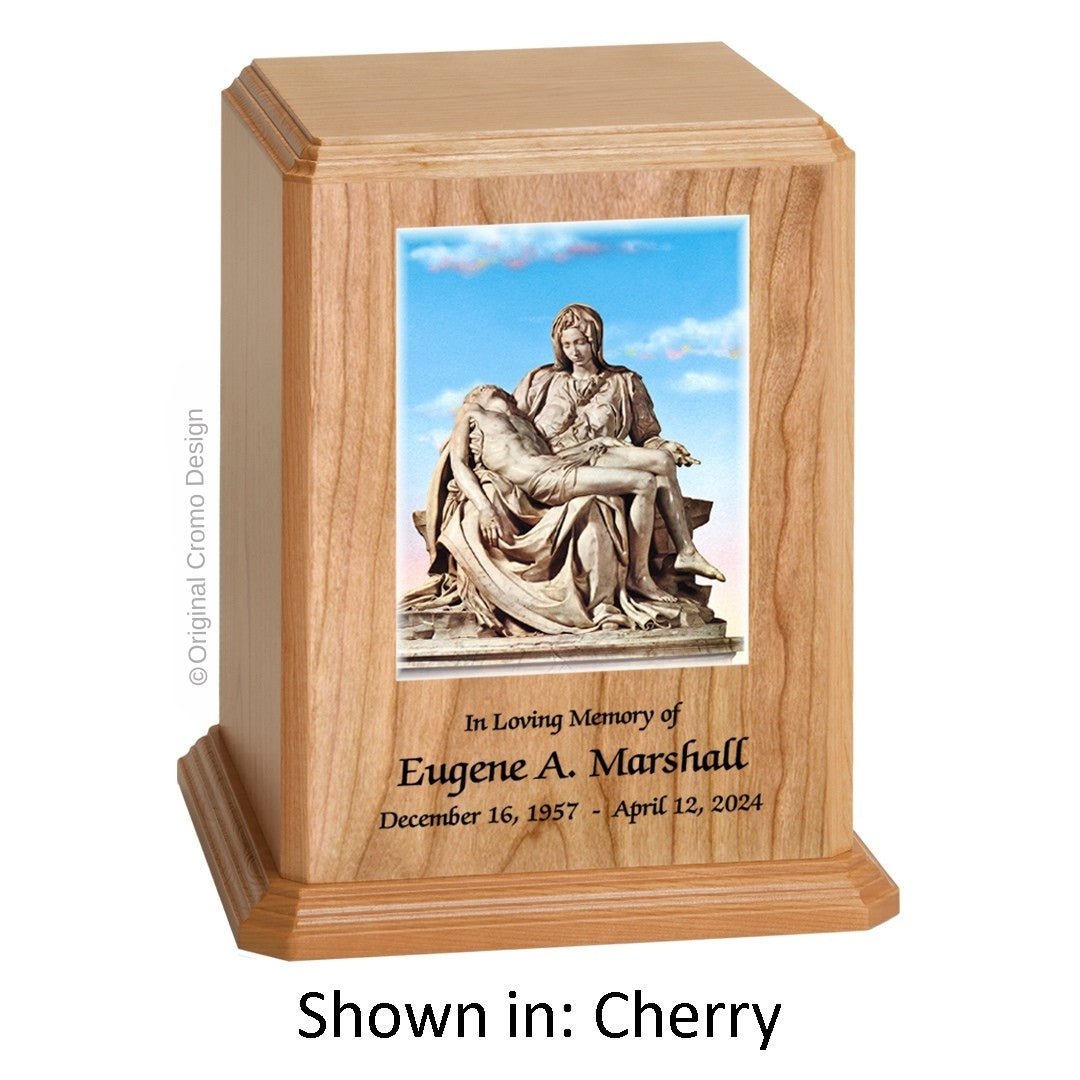 Catholic cremation urn with Mystical Rose  Wood finish by Cromo NB