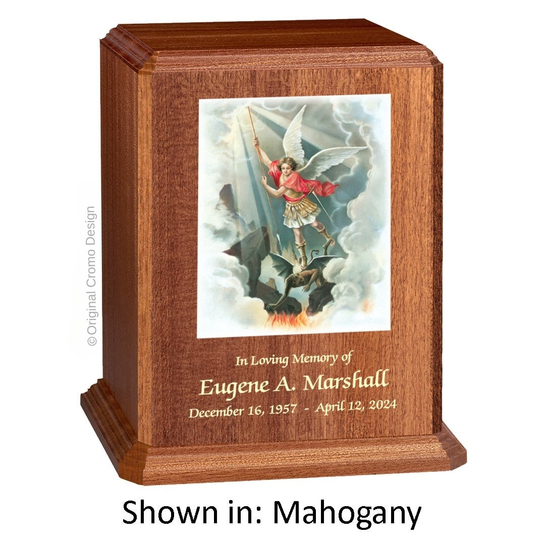 Catholic cremation urn with Our Lady of Lourdes  Wood finish by Cromo NB