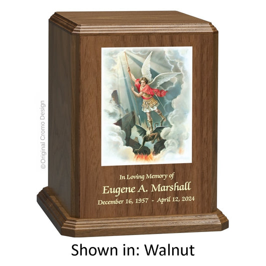Catholic cremation urn with Saint Michael Archangel  Wood finish by Cromo NB