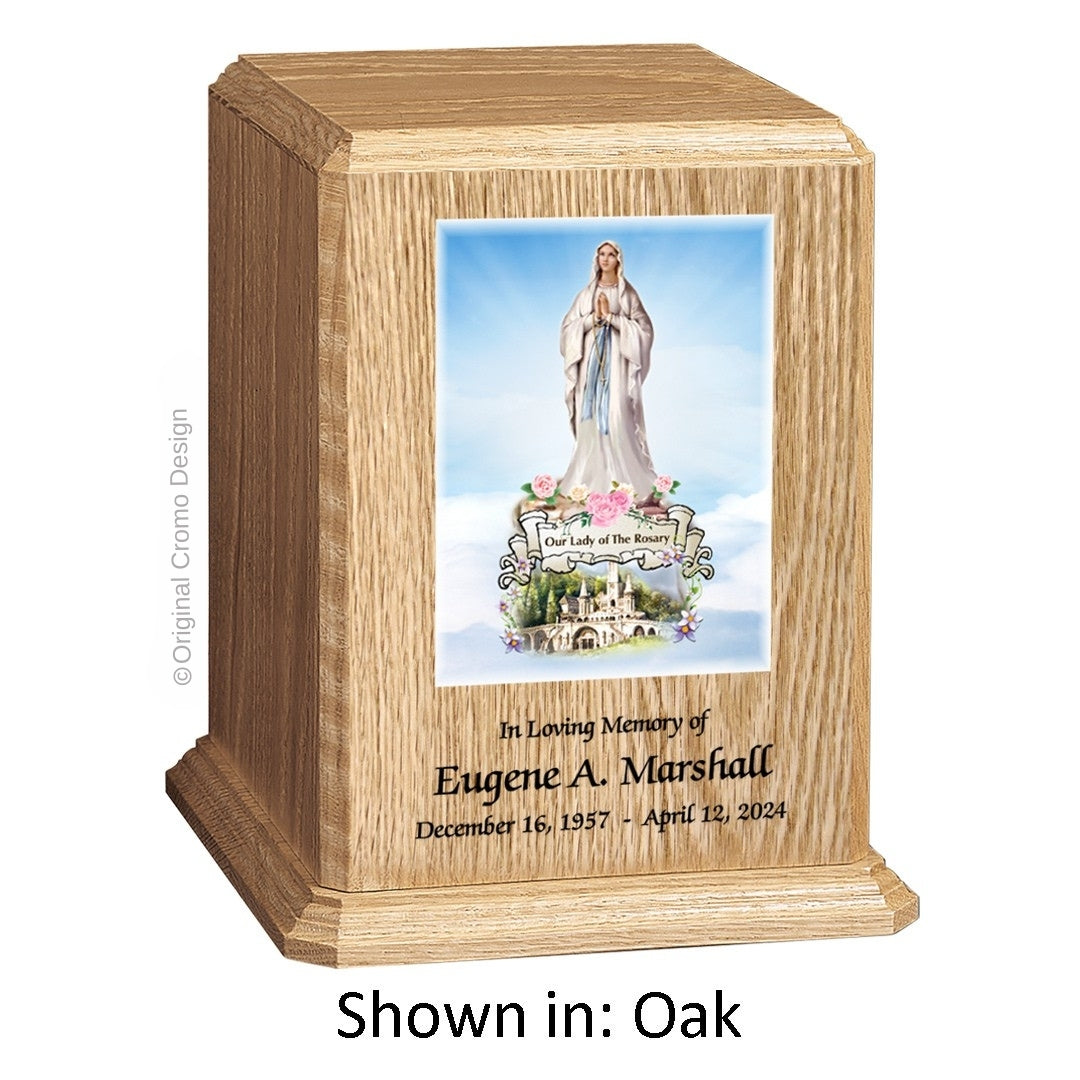 Catholic cremation urn with Our Lady of Lourdes  Wood finish by Cromo NB