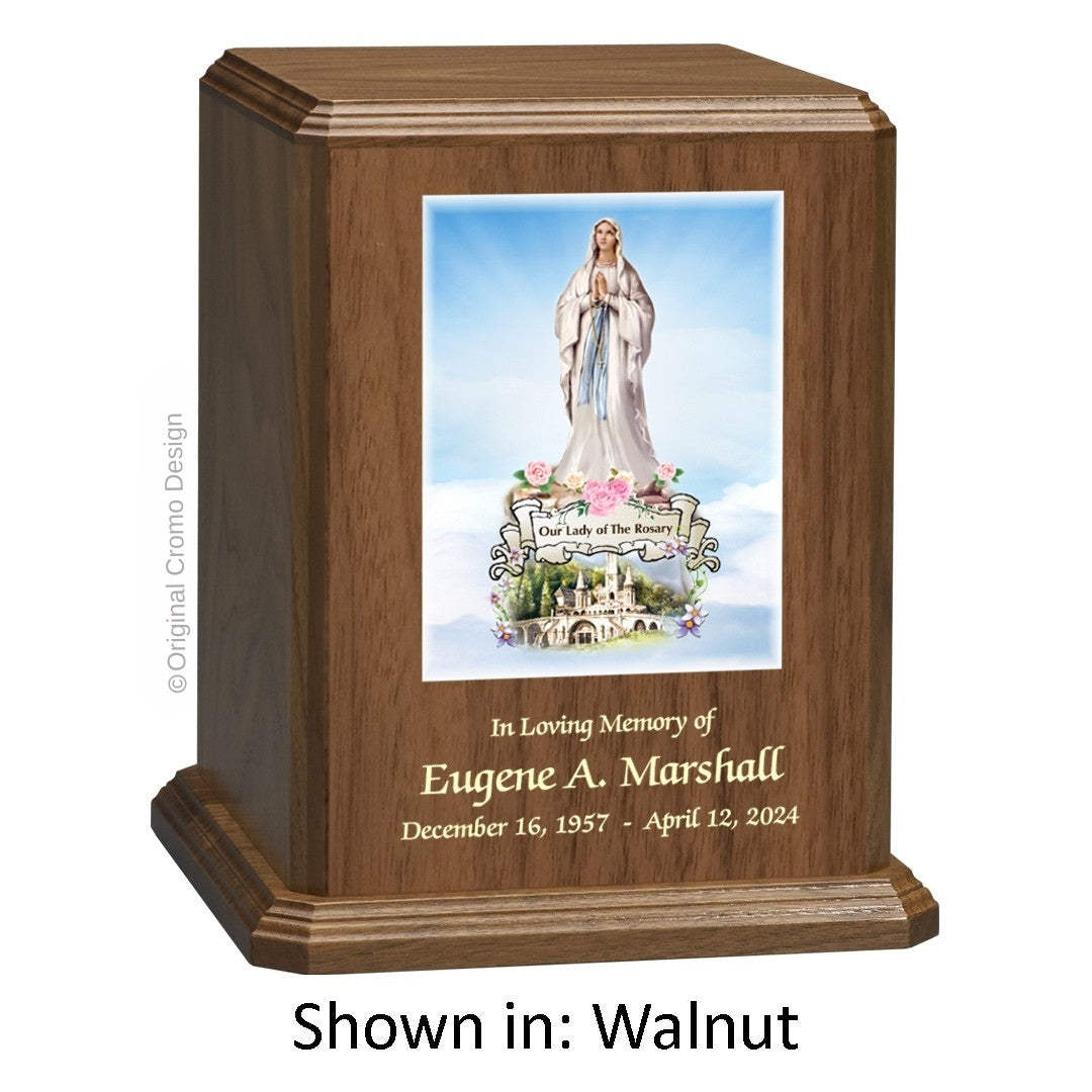 Catholic cremation urn with Our Lady of the Rosary  Wood finish by Cromo NB