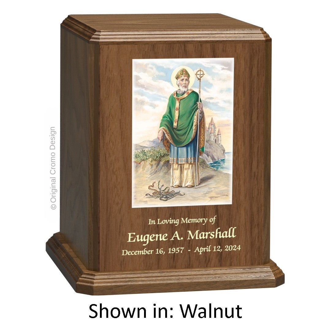 Catholic cremation urn with Saint Patrick  Wood finish by Cromo NB