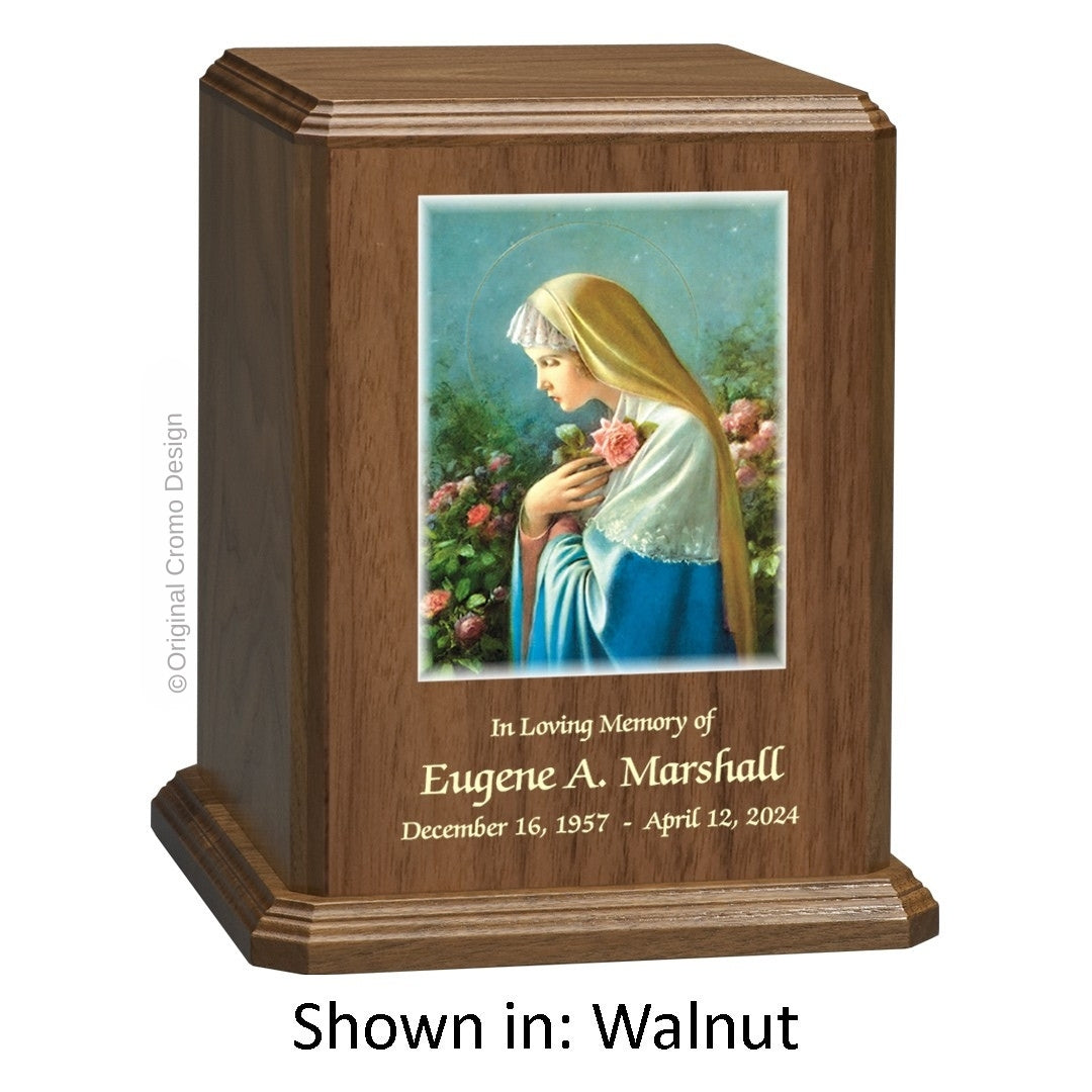 Catholic cremation urn with Mystical Rose  Wood finish by Cromo NB