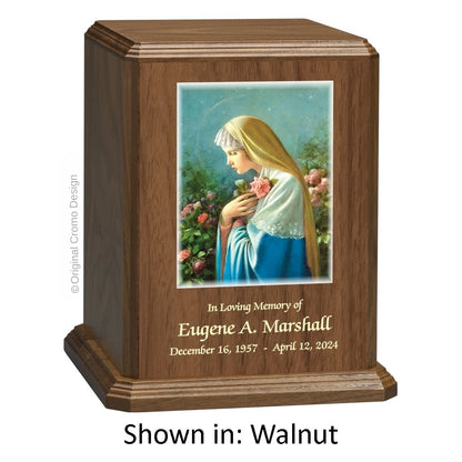 Catholic cremation urn with Mystical Rose  Wood finish by Cromo NB