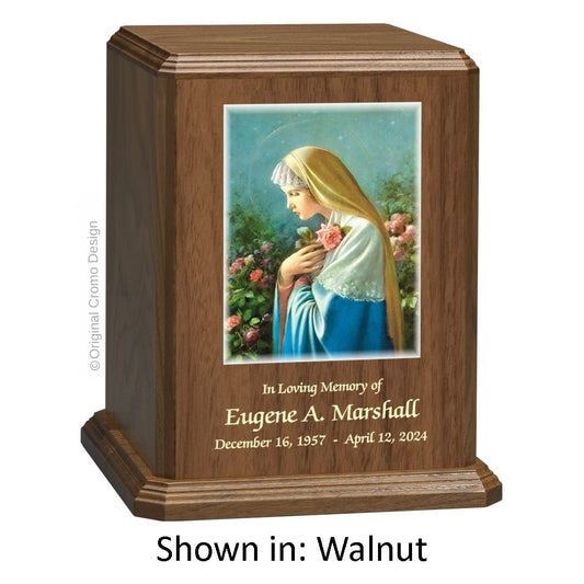 Catholic cremation urn with Mystical Rose  Wood finish by Cromo NB