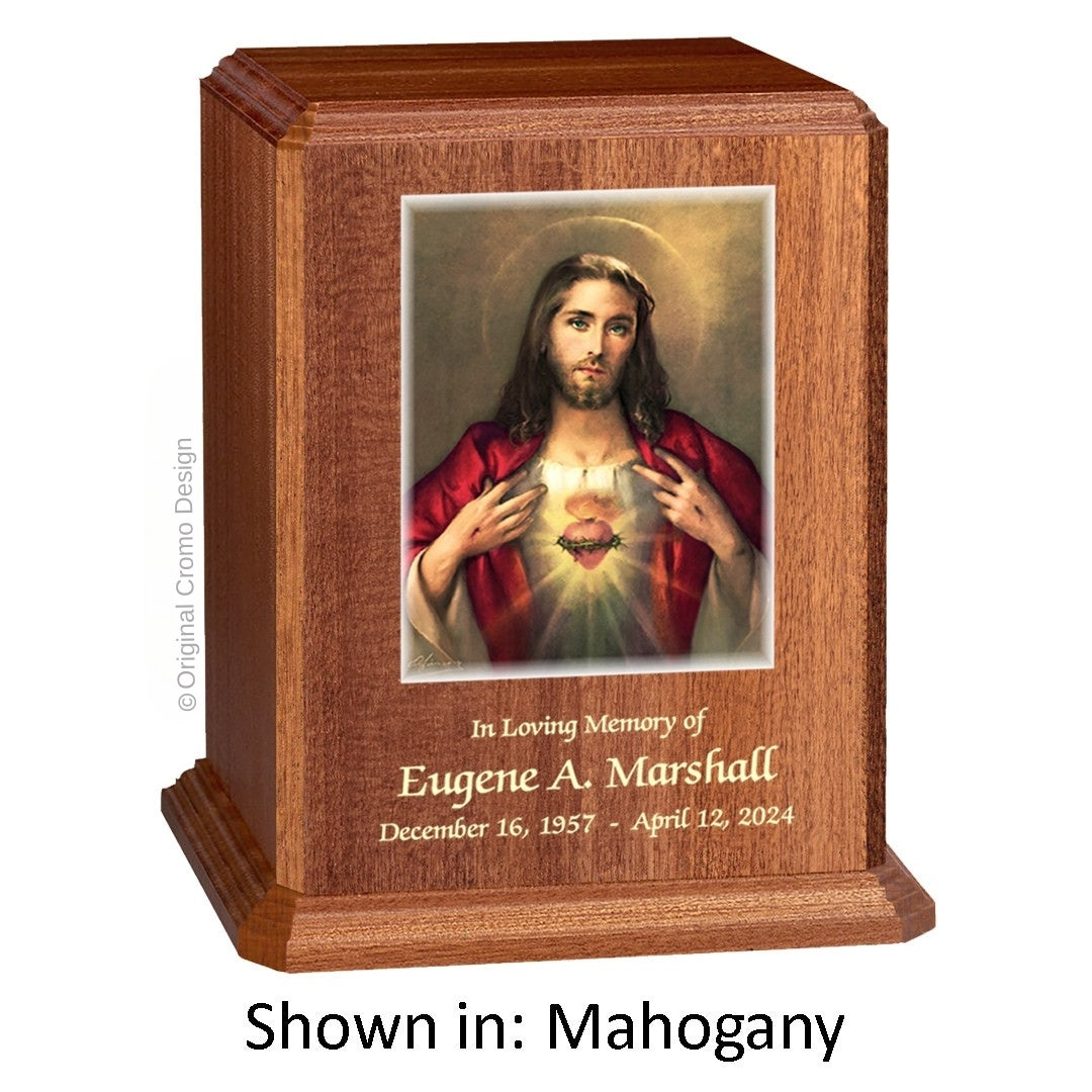 Catholic cremation urn with Our Lady of the Rosary  Wood finish by Cromo NB