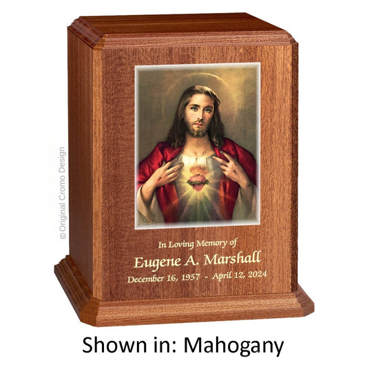 Catholic cremation urn with Our Lady of the Rosary  Wood finish by Cromo NB