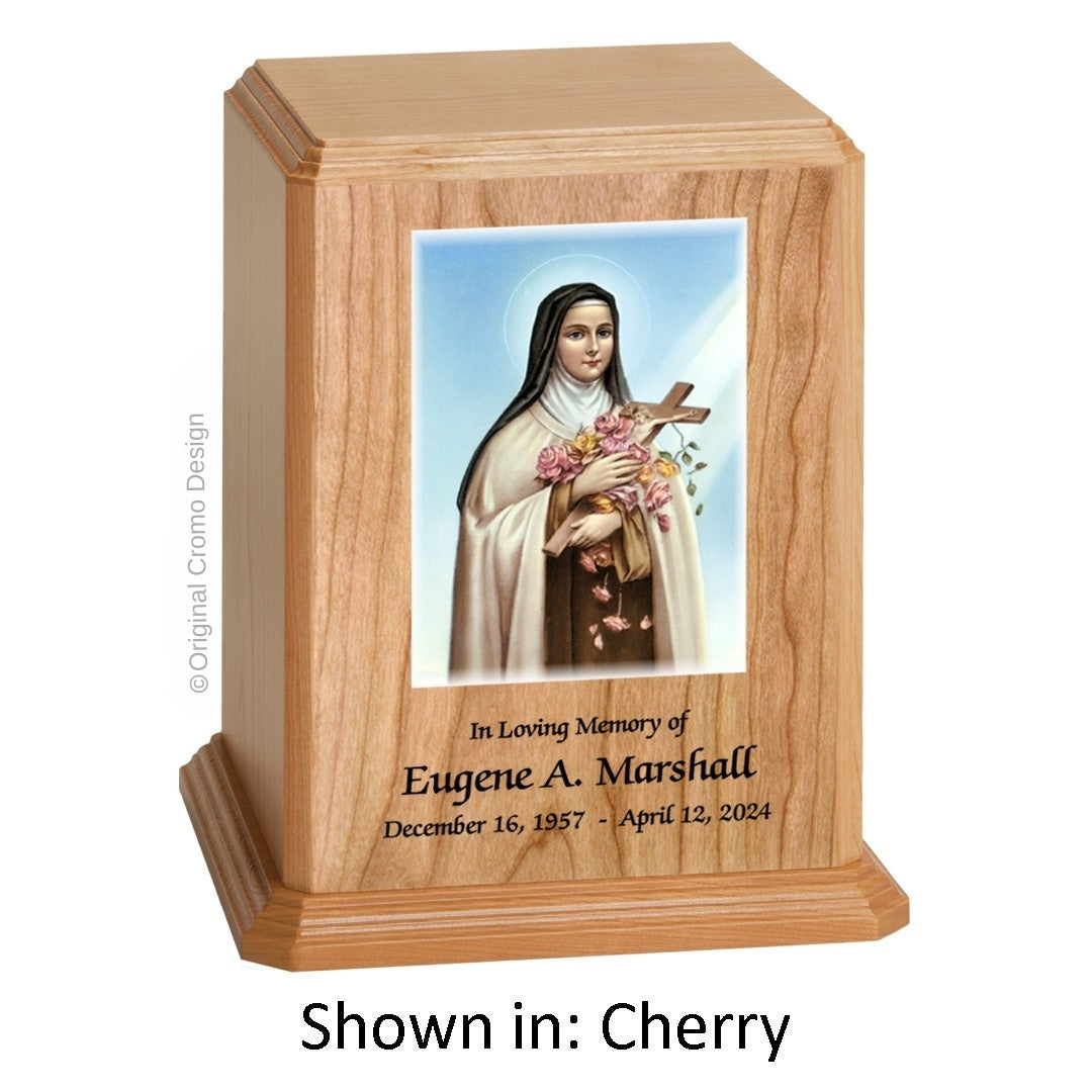 Catholic cremation urn with Our Lady of the Rosary  Wood finish by Cromo NB