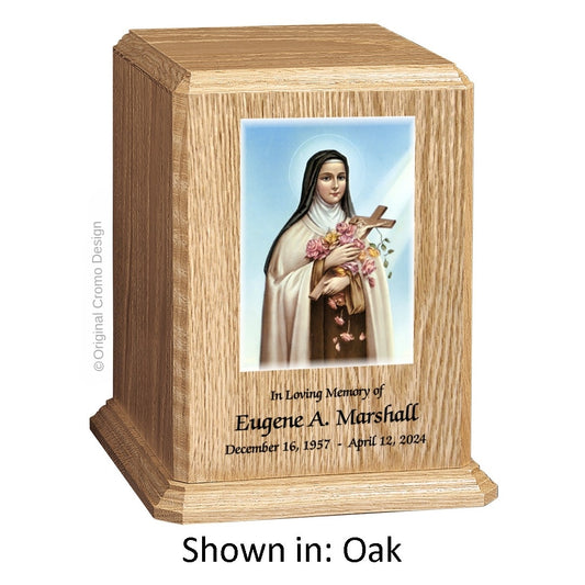 Catholic cremation urn with Saint Michael Archangel  Wood finish by Cromo NB