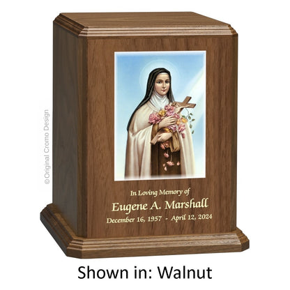 Catholic cremation urn with Saint Therese  Wood finish by Cromo NB