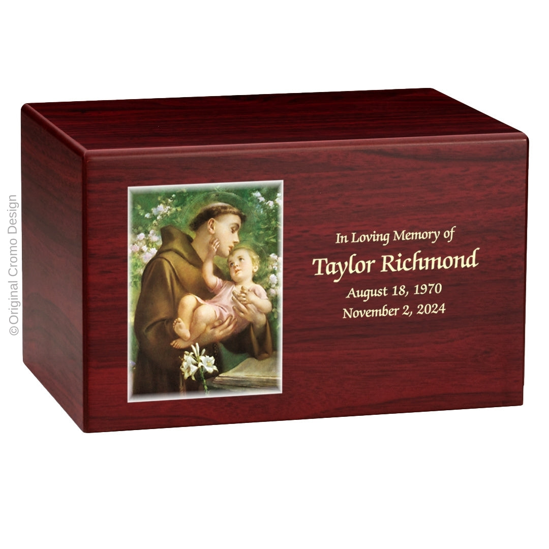 Catholic cremation urn with Saint Anthony  Cherry finish by Cromo NB