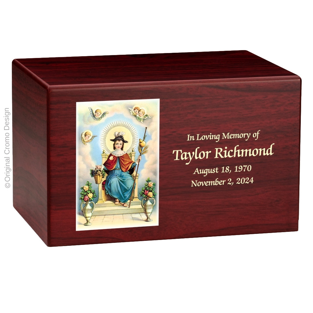 Catholic cremation urn with Child of Atocha  Wood finish by Cromo NB