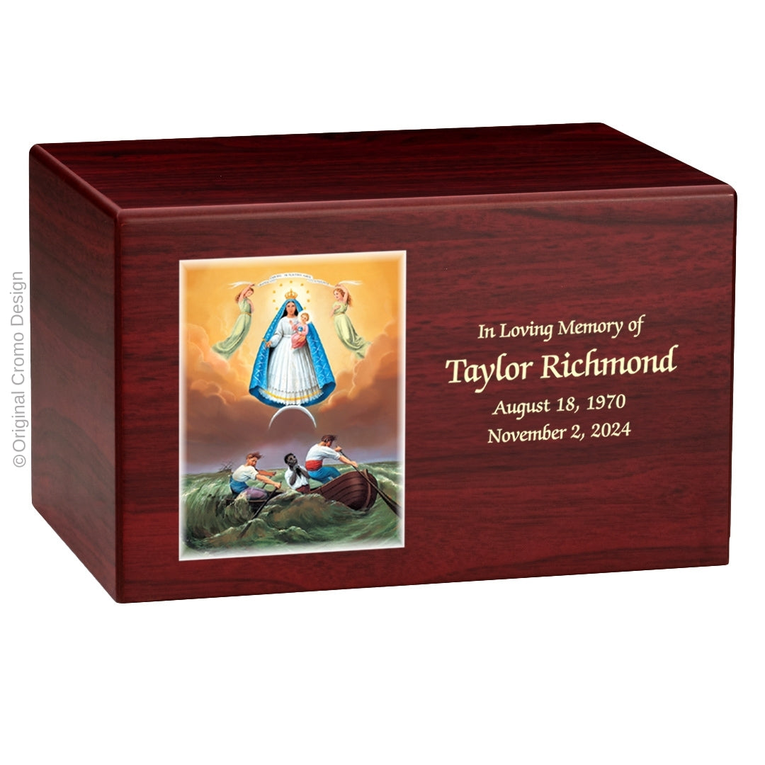 Catholic cremation urn with Our Lady of Charity  Wood finish by Cromo NB
