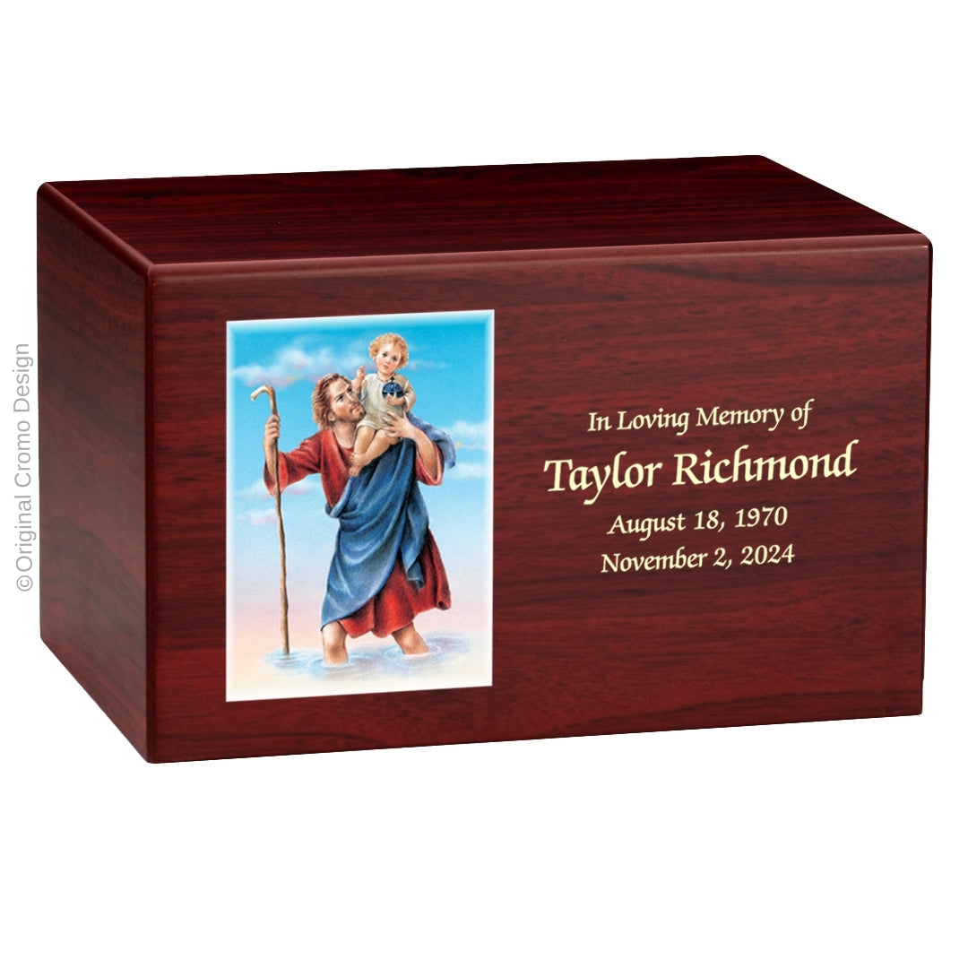 Catholic cremation urn with Saint Christopher  Wood finish by Cromo NB