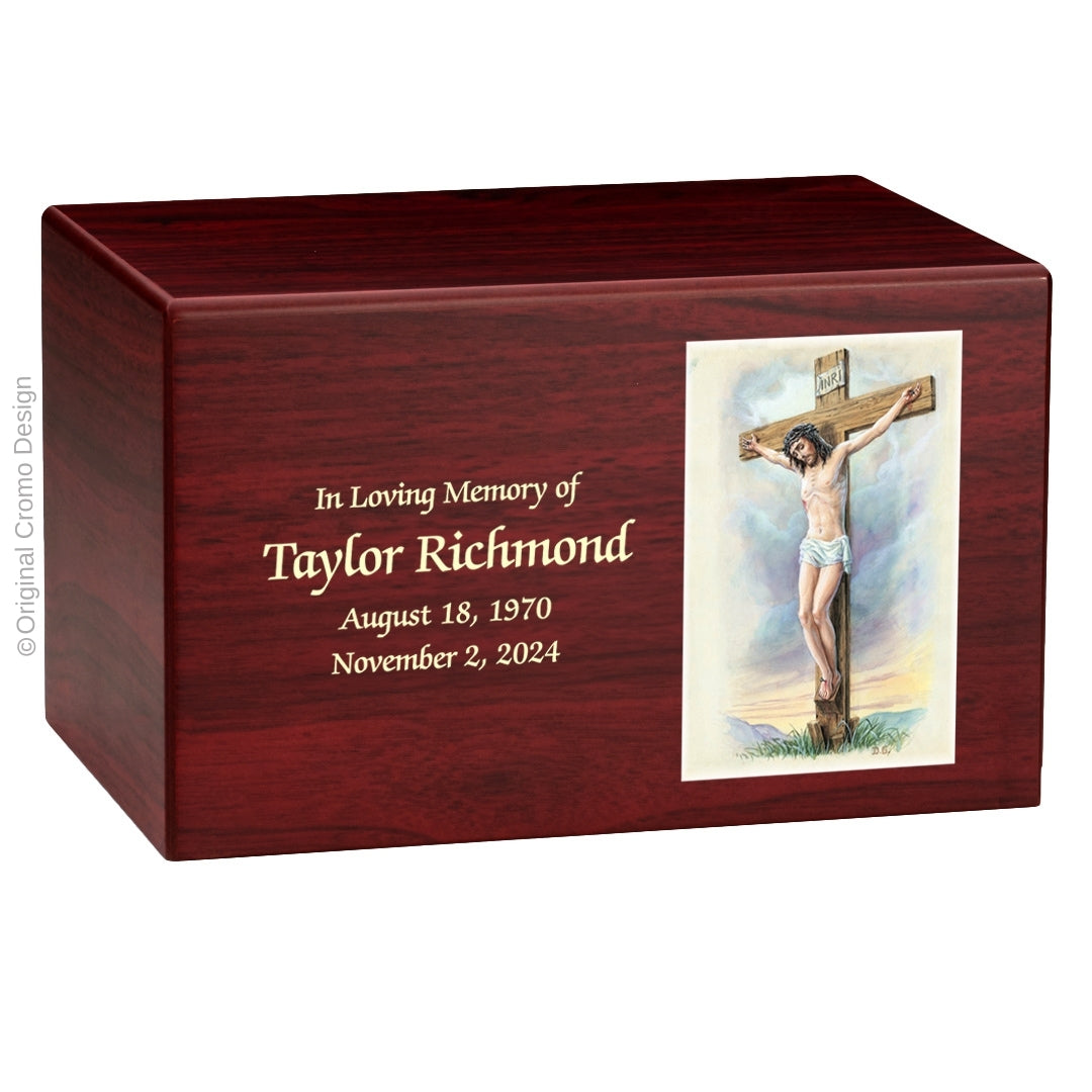 Catholic cremation urn with Crucifixion  Wood finish by Cromo NB