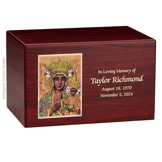 Catholic cremation urn with Our Lady of Czetechowa  Wood finish by Cromo NB