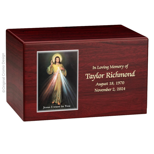 Catholic cremation urn with Divine Mercy English  Wood finish by Cromo NB