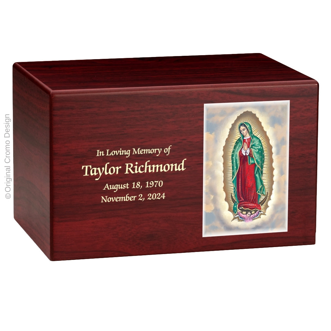 Catholic cremation urn with Our Lady of Guadalupe English  Wood finish by Cromo NB