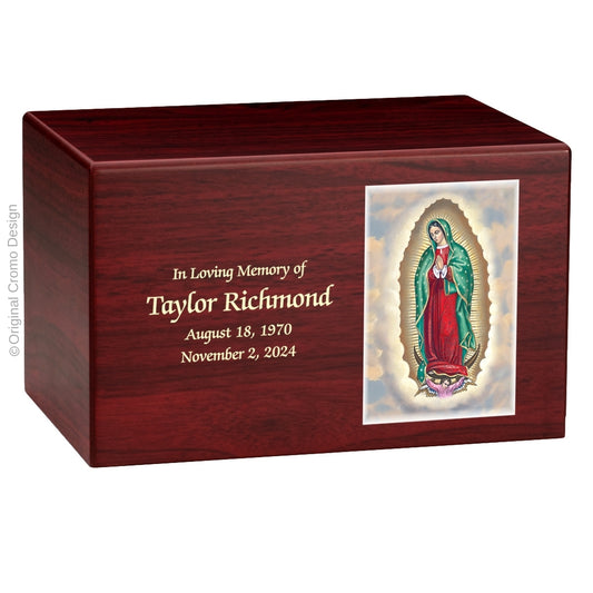 Catholic cremation urn with Our Lady of Guadalupe English  Wood finish by Cromo NB