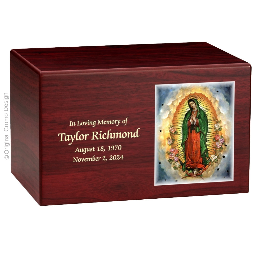 Catholic cremation urn with Our Lady of Guadalupe Spanish  Wood finish by Cromo NB