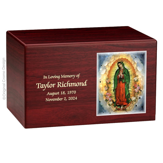 Catholic cremation urn with Our Lady of Guadalupe Spanish  Wood finish by Cromo NB