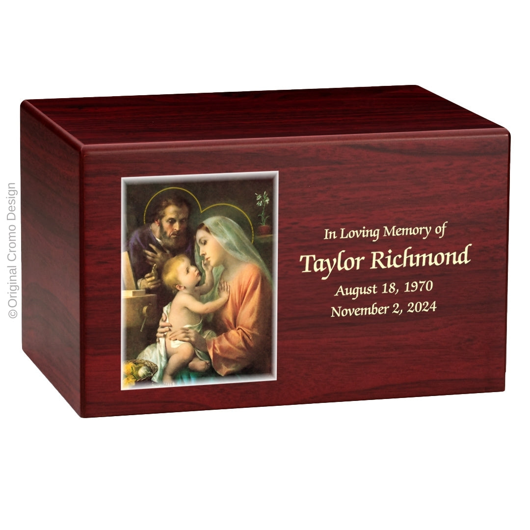 Catholic cremation urn with Holy Family  Wood finish by Cromo NB