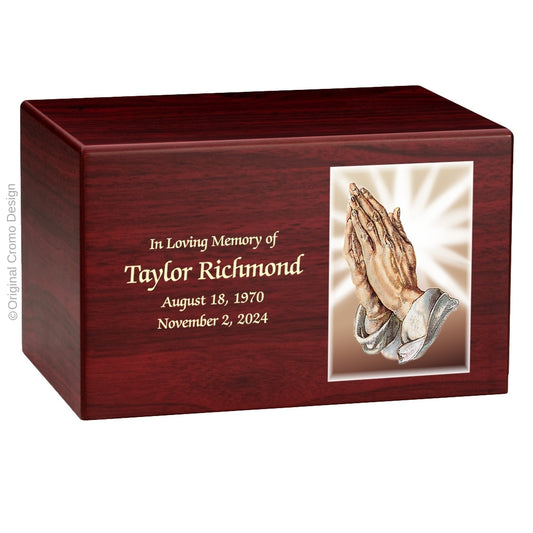 Catholic cremation urn with Praying Hands  Wood finish by Cromo NB