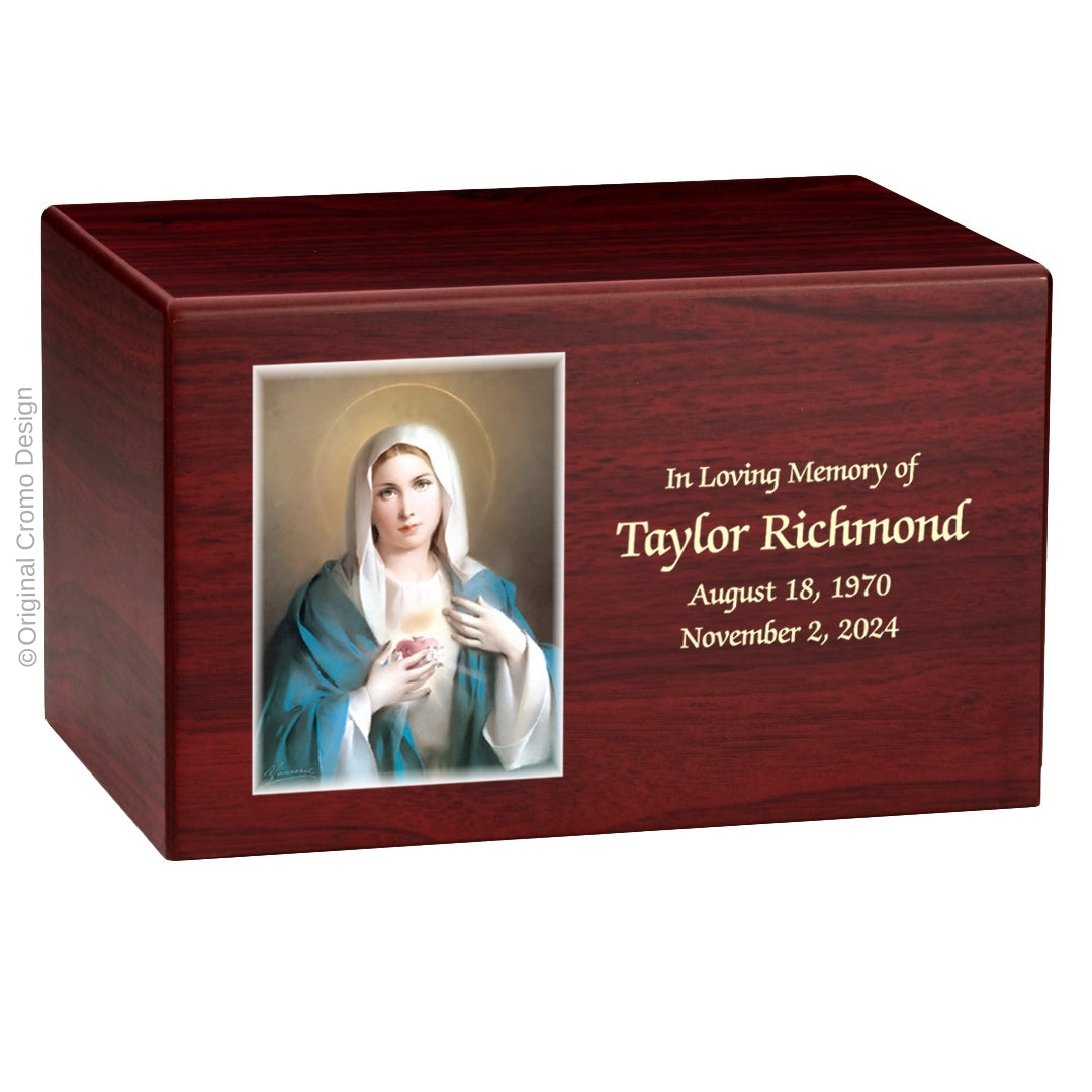 Catholic cremation urn with Immaculate Heart of Mary  Wood finish by Cromo NB