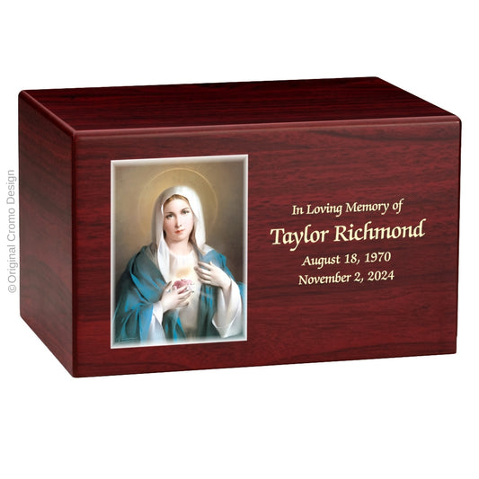 Catholic cremation urn with Immaculate Heart of Mary  Wood finish by Cromo NB