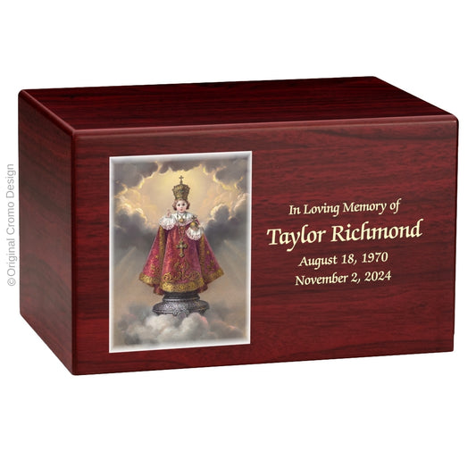 Catholic cremation urn with Infant of Prague  Wood finish by Cromo NB