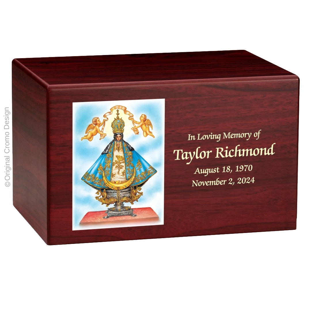 Catholic cremation urn with Our Lady of San Juan de Lagos  Wood finish by Cromo NB