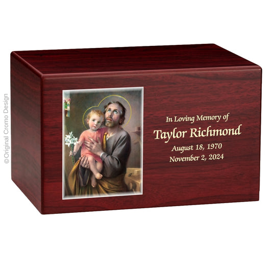 Catholic cremation urn with Saint Joseph  Wood finish by Cromo NB