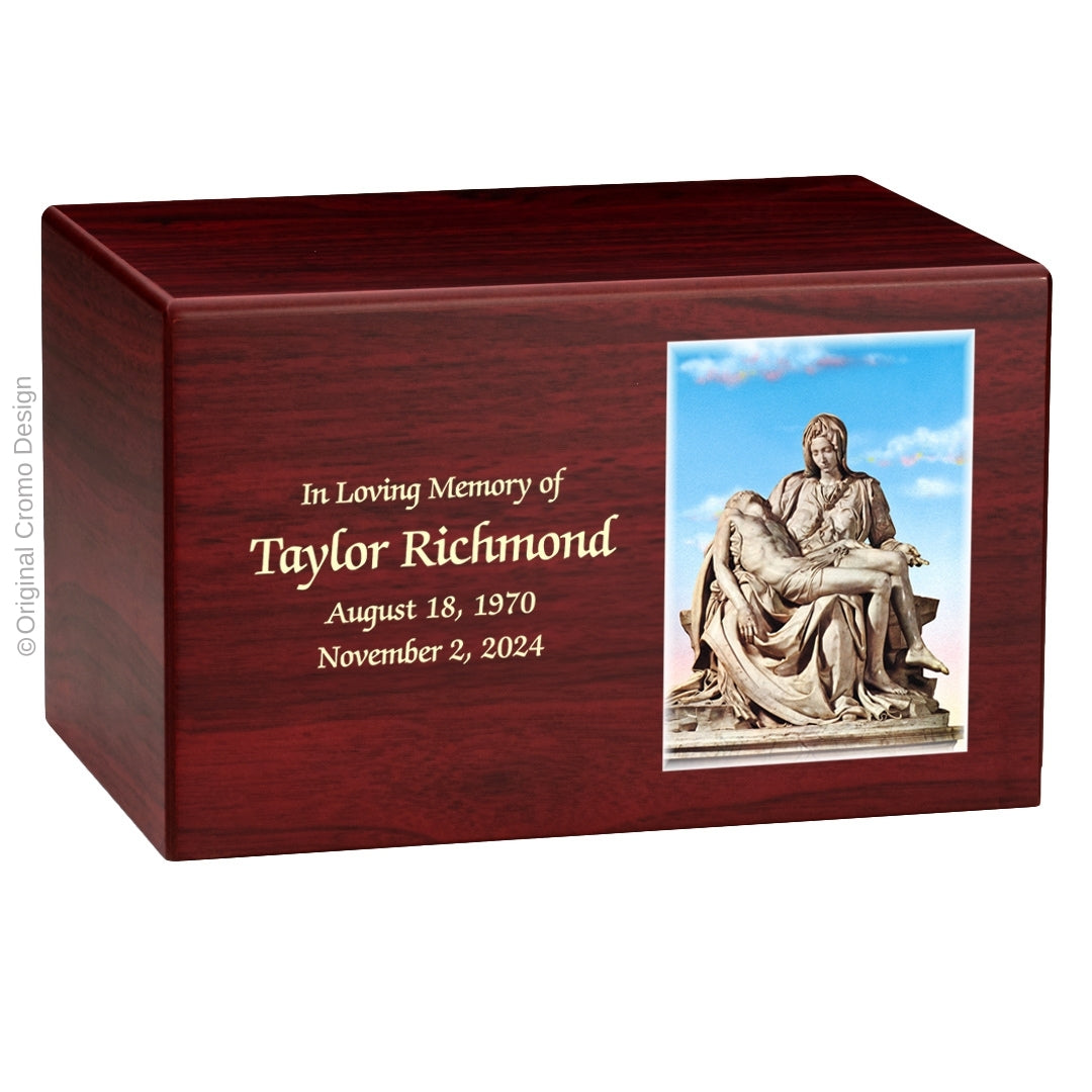 Catholic cremation urn with Saint Michael Archangel  Wood finish by Cromo NB
