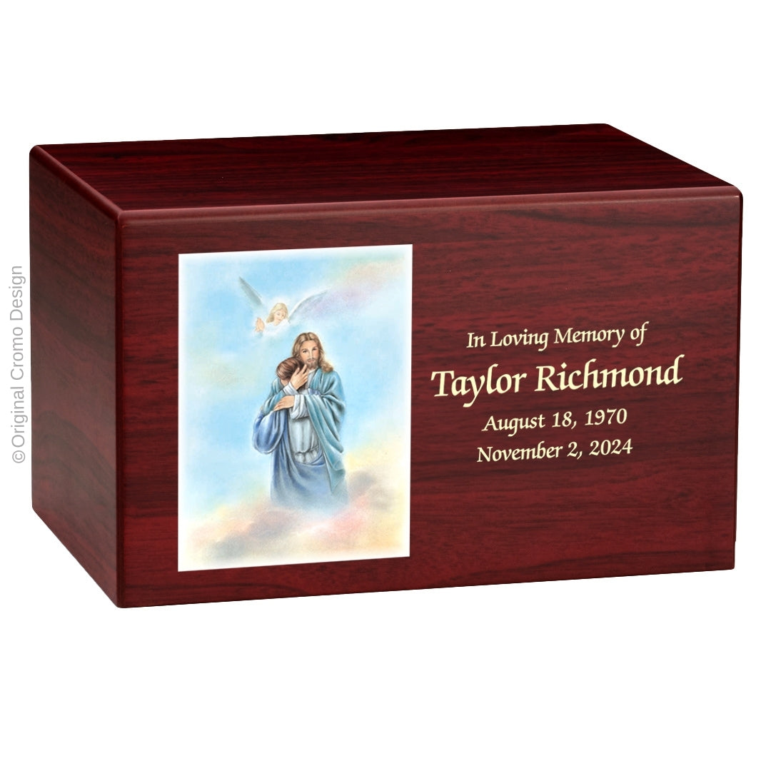 Catholic cremation urn with Mystical Rose  Wood finish by Cromo NB