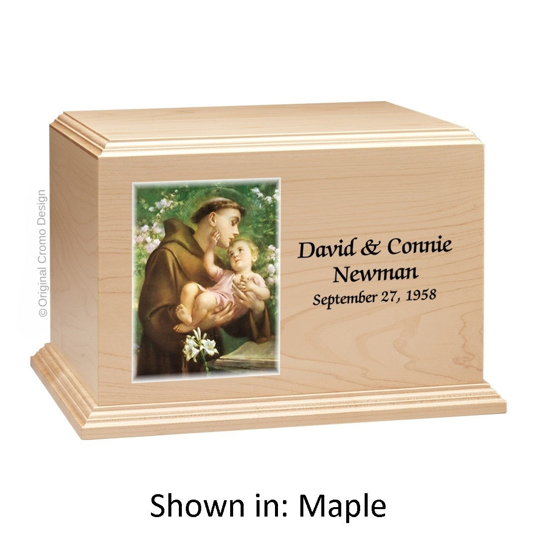 Catholic cremation urn with Saint Anthony  Maple finish by Cromo NB