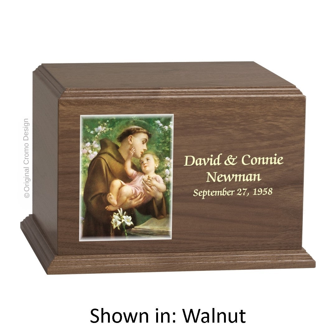 Catholic cremation urn with Saint Anthony  Walnut finish by Cromo NB