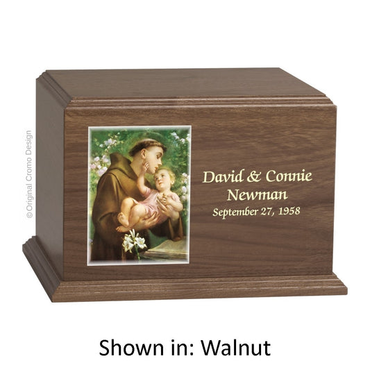 Catholic cremation urn with Saint Anthony  Walnut finish by Cromo NB