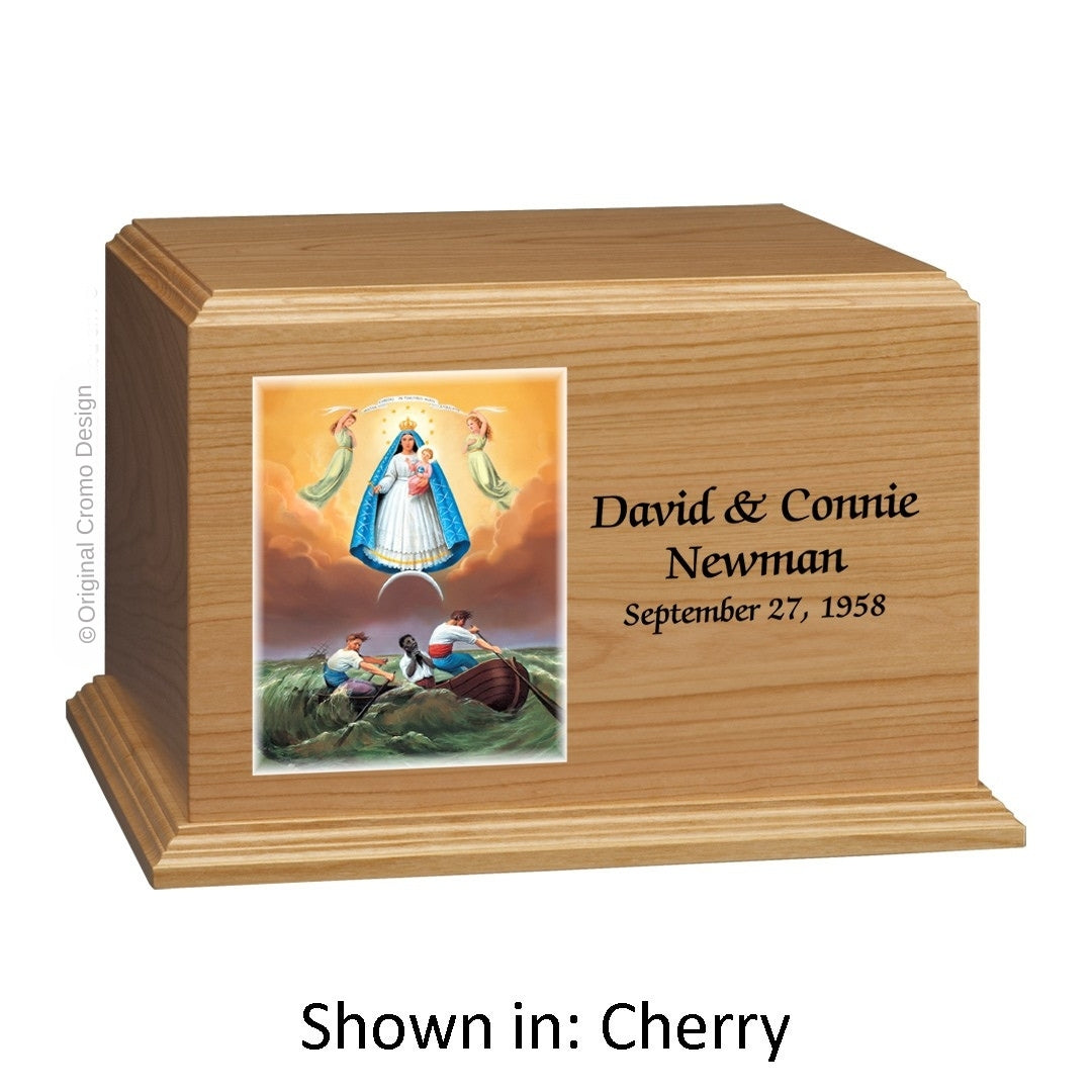 Catholic cremation urn with Our Lady of Charity  Wood finish by Cromo NB