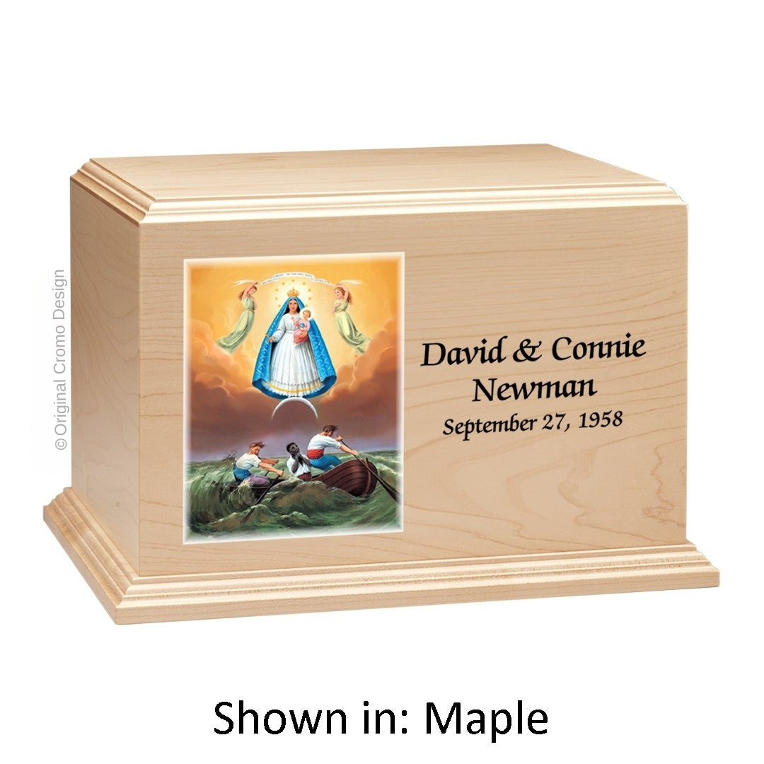 Catholic cremation urn with Our Lady of Charity  Wood finish by Cromo NB