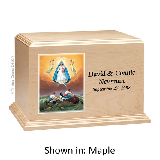 Catholic cremation urn with Our Lady of Charity  Wood finish by Cromo NB
