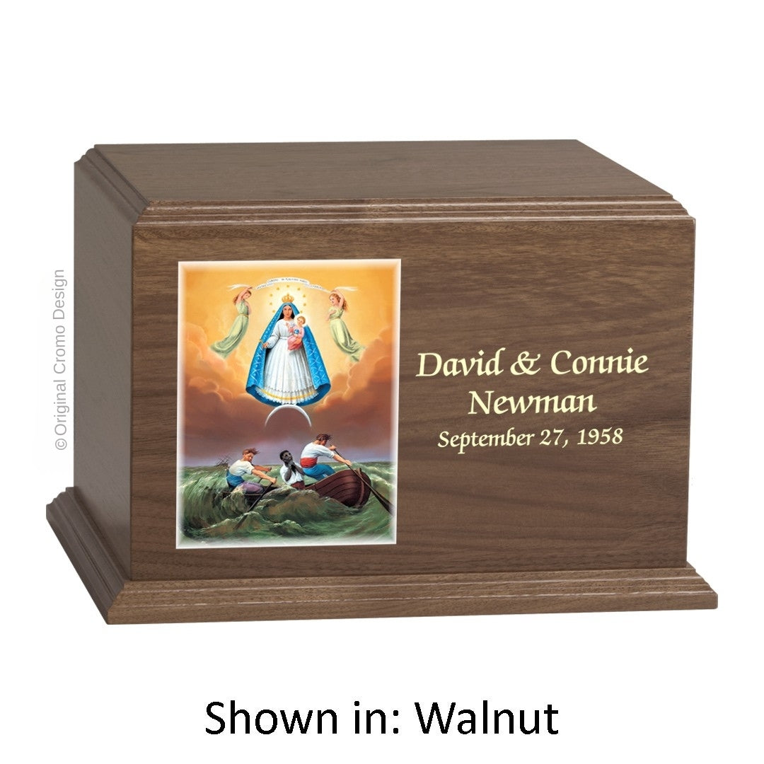Catholic cremation urn with Our Lady of Charity  Wood finish by Cromo NB