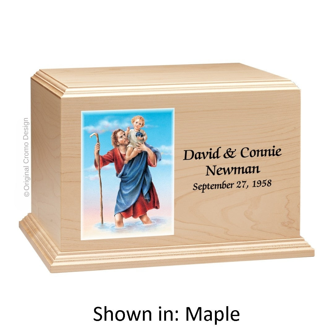 Catholic cremation urn with Saint Christopher  Wood finish by Cromo NB