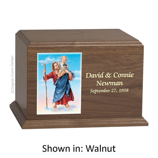 Catholic cremation urn with Saint Christopher  Wood finish by Cromo NB