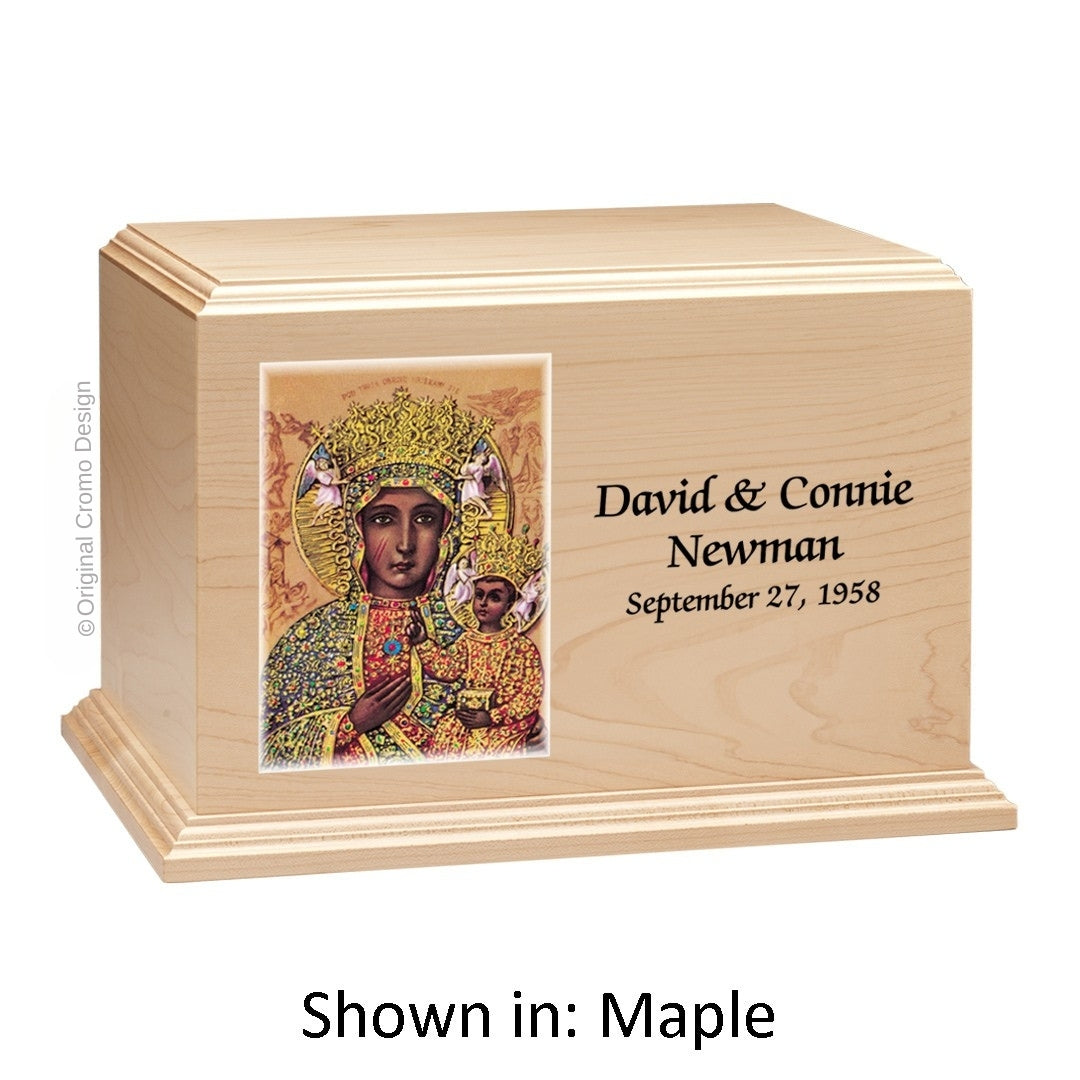 Catholic cremation urn with Our Lady of Czetechowa  Wood finish by Cromo NB