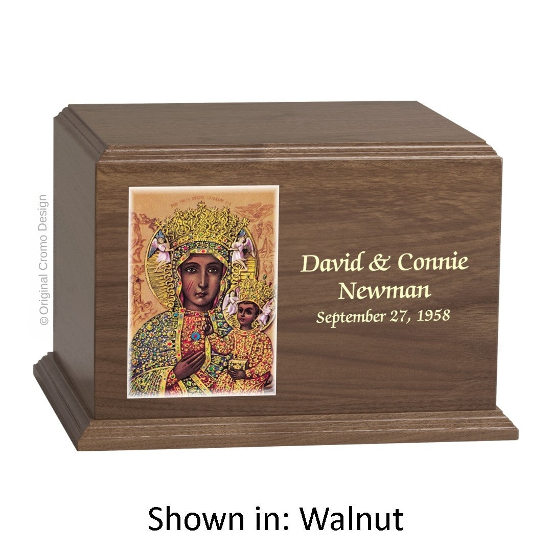 Catholic cremation urn with Our Lady of Czetechowa  Wood finish by Cromo NB